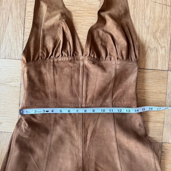 Marianne Vanderwilt Leather Suede Jumpsuit Brown Tan Halter Pants Fringe Wrap - Picture 11 of 15
